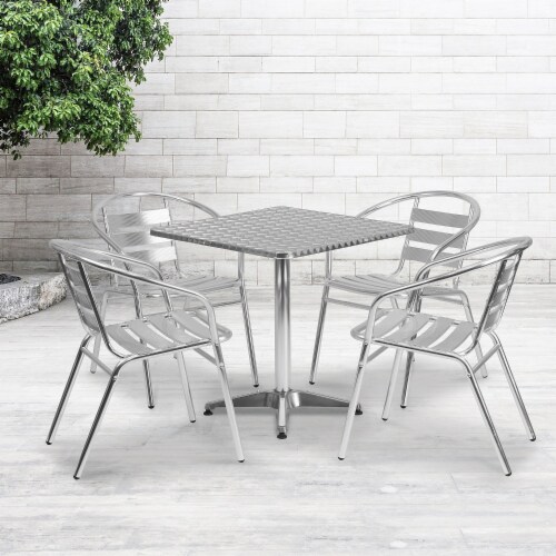 Flash Furniture 27.5 Square Aluminum Indoor/Outdoor Table w/4 Slat-Back Chairs Perspective: back