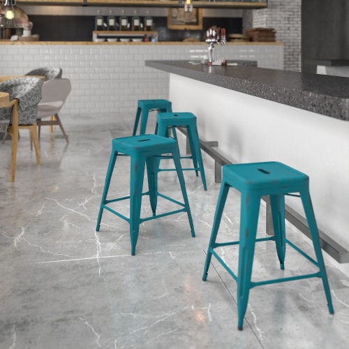 Flash Furniture 24'' High Backless Distressed Metal Indoor Counter-Height Stool Blue Perspective: back