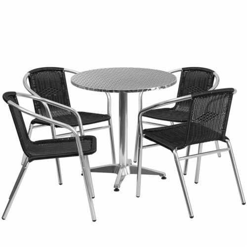 27.5'' Round Aluminum Table Set with 4 Black Rattan Chairs - TLH-ALUM-28RD-020BKCHR4-GG Perspective: back