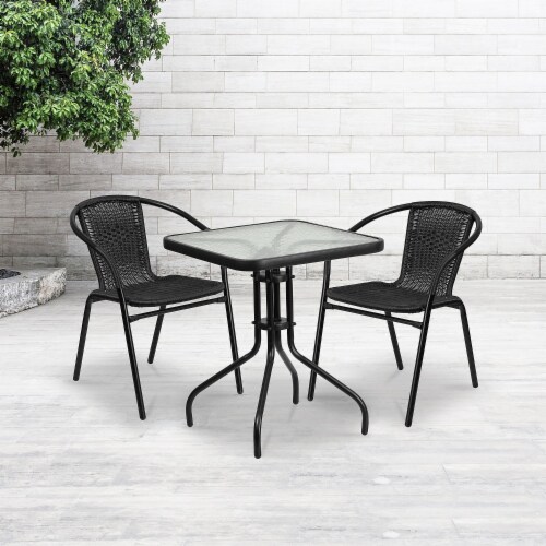 Flash Furniture 23.5'' Square Glass Metal Table with 2 Black Rattan Stack Chairs Perspective: back