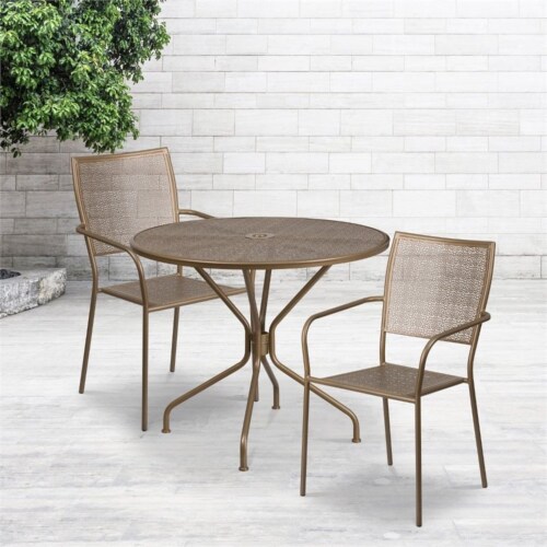 Flash Furniture 3 Piece 35  Round Steel Flower Print Patio Dining Set in Gold Perspective: back