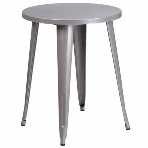 24'' Round Silver Metal Indoor-Outdoor Table Set with 4 Arm Chairs Perspective: back