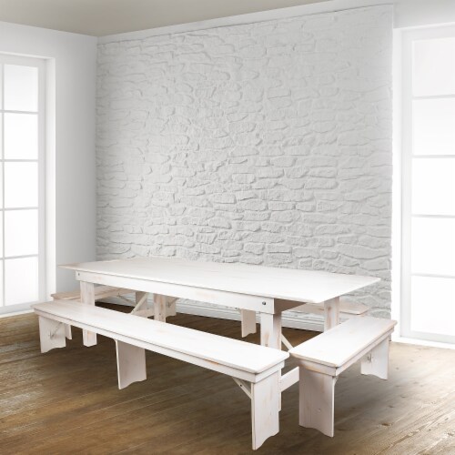 Flash Furniture Pine Wood 3-Seat Farm Table Folding Bench Antique Rustic White (XAB96X12LWH) Perspective: back