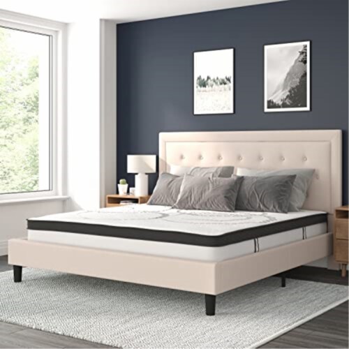 King Size Tufted Upholstered Platform Bed In Beige Fabric With Mattress