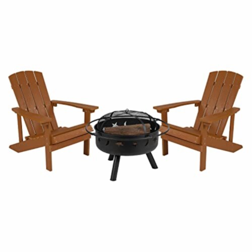 3 Piece Charlestown Teak Poly Resin Wood Adirondack Chair Set with Fire Pit - Star and Moon Perspective: back