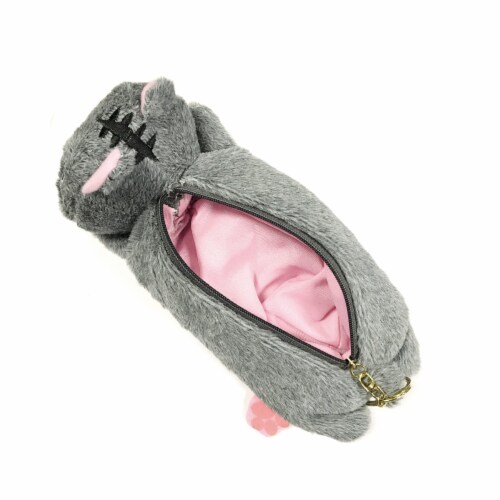 Wrapables Cute Cat Pouch Plush Pencil Case, Gray Perspective: back
