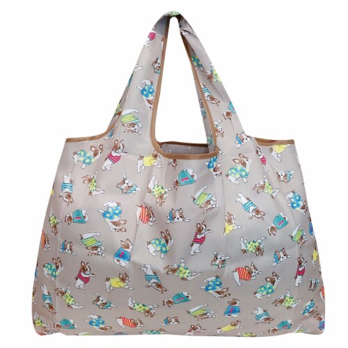 Wrapables Large Nylon Reusable Shopping Bag, Gray French Bulldogs Perspective: back