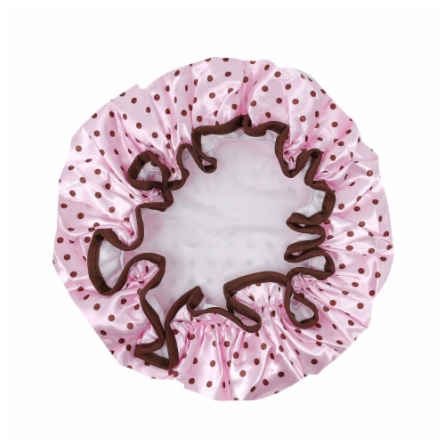 Wrapables Reusable Women's Waterproof Shower Caps for Long Hair, Pink Polka Dots Perspective: back