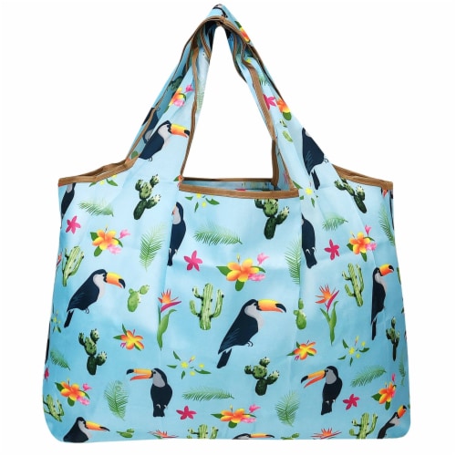 Wrapables Large Nylon Reusable Shopping Bag, Toucan & Cacti Perspective: back