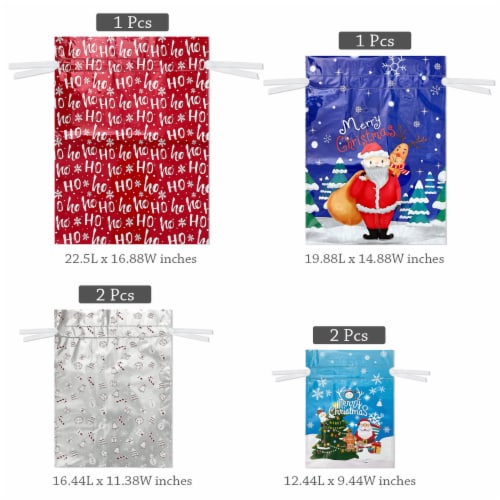 Wrapables Aluminum Foil Christmas Drawstring Gift Bags for Gift Wrap, Parties (Set of 6) Perspective: back