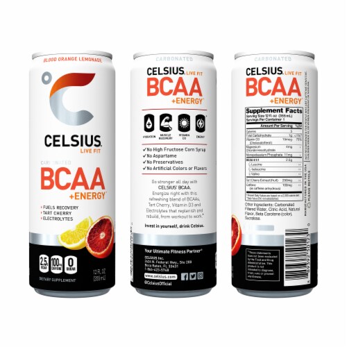 CELSIUS BCAA Sparkling Blood Orange Lemonade Energy Drink Perspective: back