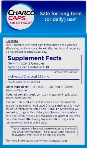 CharcoCaps® Anti-Gas Formula Activated Charcoal Capsules 260mg Perspective: back