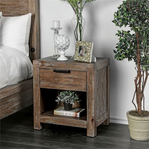 Furniture of America Russ Solid Wood 1-Drawer Nightstand in Weathered Light Oak Perspective: back
