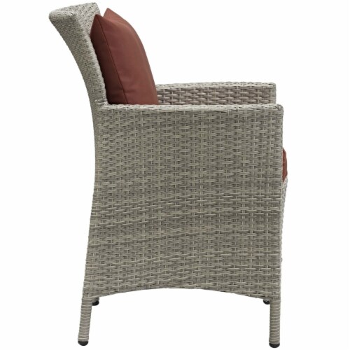 Conduit Outdoor Patio Wicker Rattan Dining Armchair - Light Gray Currant Perspective: back