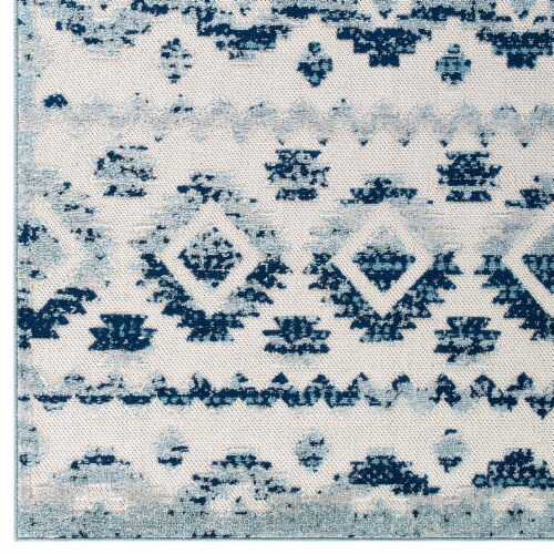Abstract Diamond Moroccan Trellis 5x8 Indoor and Outdoor Area Rug - Ivory and Blue Perspective: back