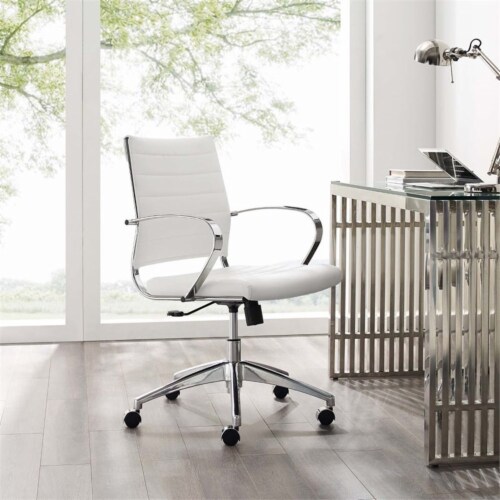 Modway Jive Mid Back Ribbed Faux Leather Office Swivel Chair in White Perspective: back