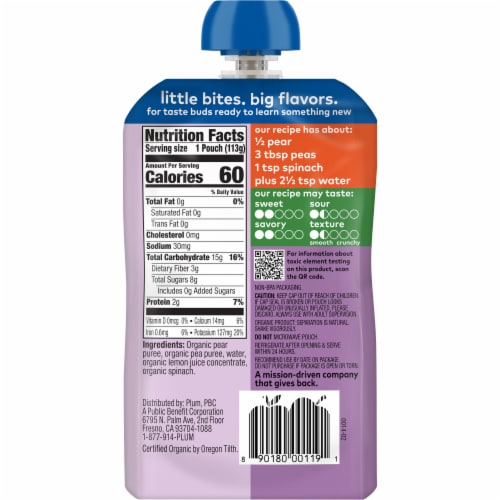 Plum Organics® Pear Spinach & Pea Stage 2 Baby Food Pouch Perspective: back