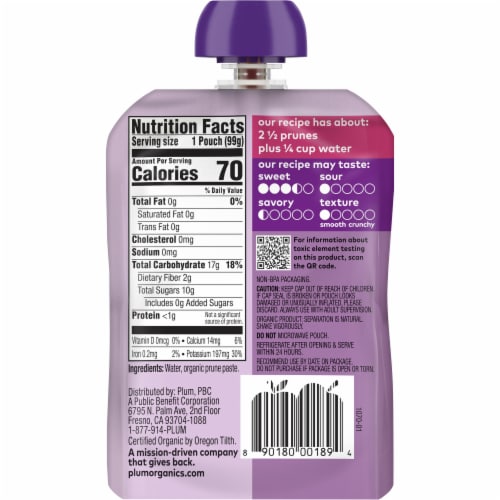 Plum Organics® Just® Prunes Stage 1 Organic Baby Food Pouch Perspective: back