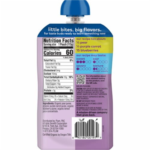 Plum Organics® Pear Purple Carrot & Blueberry Stage 2 Baby Food Pouch Perspective: back