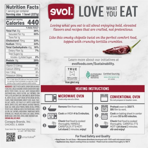 Evol Chipotle Chicken Mac & Cheese Frozen Meal Perspective: back