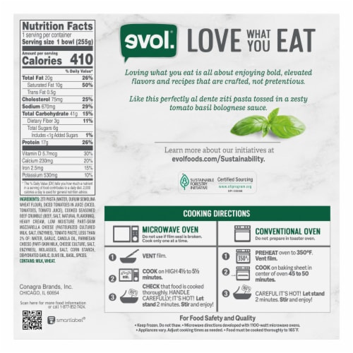 Evol Ziti And Meat Sauce Frozen Meal Perspective: back