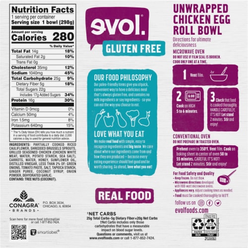 evol. Unwrapped Chicken Egg Roll Bowl Frozen Meal Perspective: back