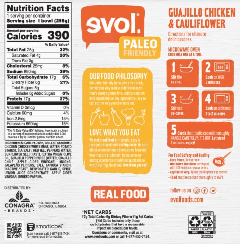 evol. Guajillo Chicken & Cauliflower Bowl Frozen Meal Perspective: back