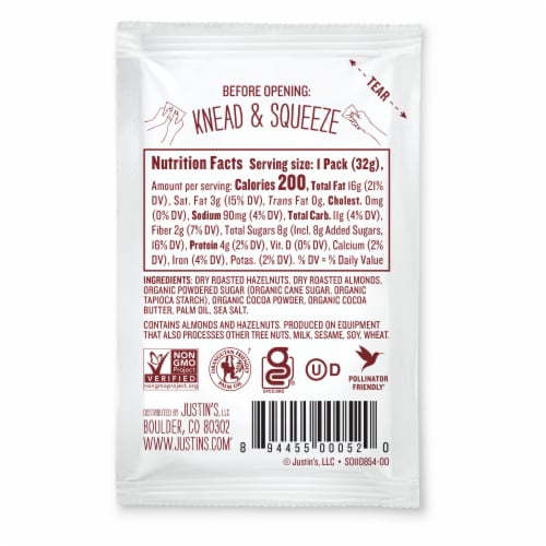 Justin's Chocolate Hazelnut & Almond Butter Squeeze Pack 1.15 oz Perspective: back