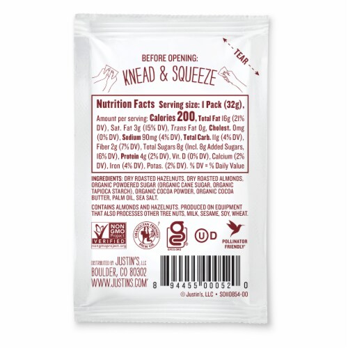 Justin's Chocolate Hazelnut & Almond Butter Squeeze Pack 1.15 oz Perspective: back