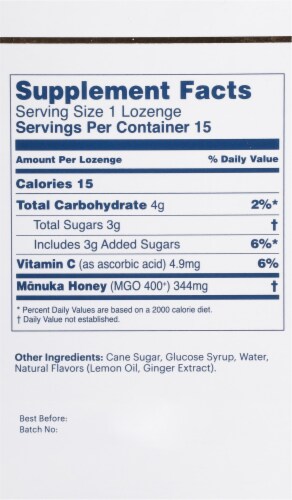 Manuka Health Manuka Honey Natural Ginger and Lemon Lozenges Perspective: back