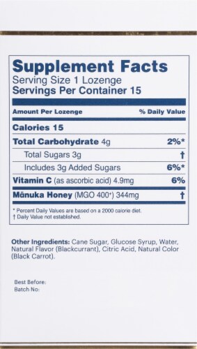 Manuka Health Manuka Honey Natural Blackcurrant Lozenges Perspective: back