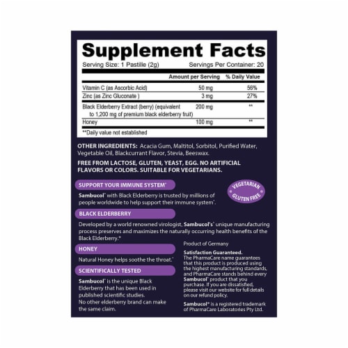Sambucol® Black Elderberry Pastilles with Honey Dietary Supplement Perspective: back