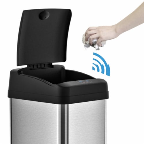 iTouchless Stainless Steel Sensor Trash Can with Wide Lid Opening and AbsorbX Odor Control Perspective: back