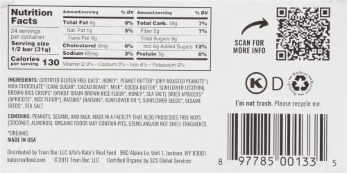 Kate’s Real Food® Peanut Butter Milk Chocolate Tram Bar Perspective: back
