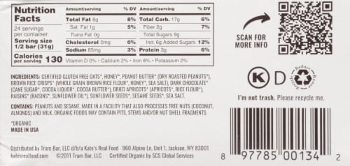 Kate's Real Food Peanut Butter Dark Chocolate Energy Bars Perspective: back
