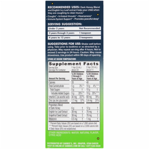 Zarbee's® Naturals Children's Grape Flavor Nighttime Cough Syrup + Mucus Relief Perspective: back