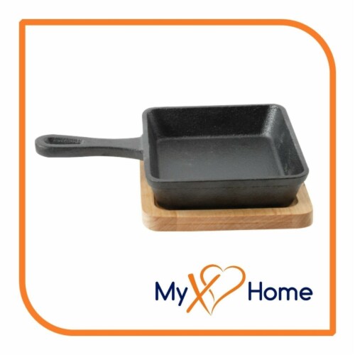 5 x 4 Rectangular Cast Iron Frying Pan / Skillet with Handle & Wooden Base (1 Skillet) Perspective: back