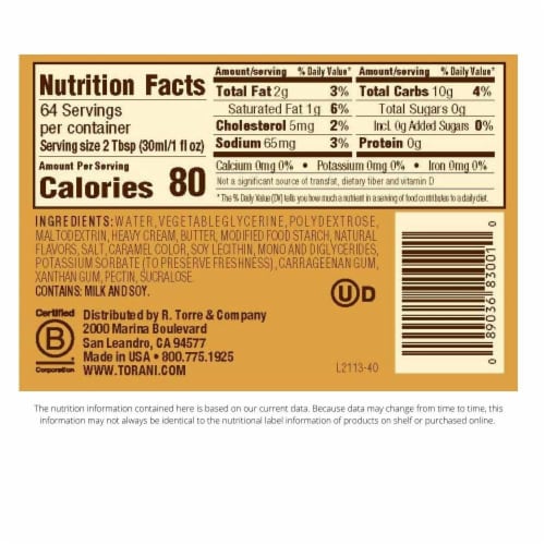 Torani Sugar Free Sauce Caramel 64 Ounces Pack of 1 64 Ounces Pack