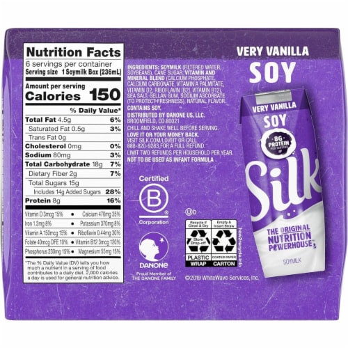 Silk Shelf-Stable Soy Milk Singles, Very Vanilla 8 oz., 6 Pack Perspective: back