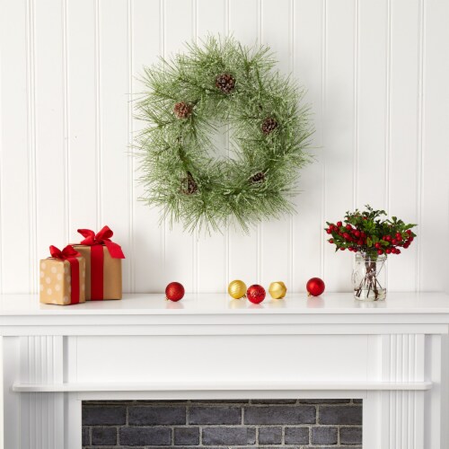 24 inch Iced Pine Artificial Wreath with Pine Cones Perspective: back