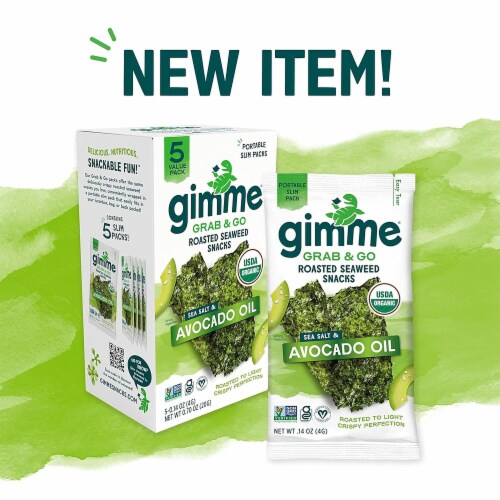 Gimme Seaweed Grab & Go, Sea Salt & Avocado Oil, Organic Roasted Seaweed Sheets, 5 Count Perspective: back