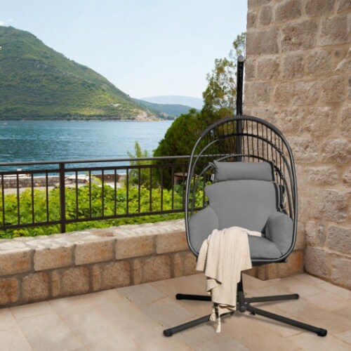 Hivvago Hanging Folding Egg Chair with Stand Soft Cushion Pillow Swing Hammock-Gray Perspective: back