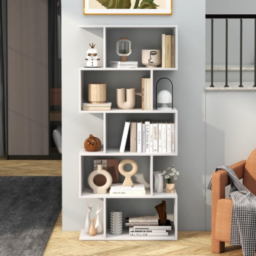 Hivvago 5-Tier Bookshelf with Anti-Toppling Device for Living Room Home Office-White Perspective: back