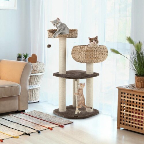 Hivvago 41 Inch Rattan Cat Tree with Napping Perch-Beige Perspective: back