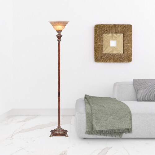 69 inch Brown Faux Wood Torchiere Floor Lamp With Brown Stained Glass Bell Shade 1 Smith s Food and Drug