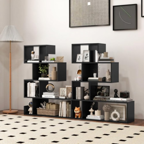 Hivvago 5-Tier S-Shaped Bookshelf Geometric Z-Shelf Bookcase with Open Cubes-Black Perspective: back