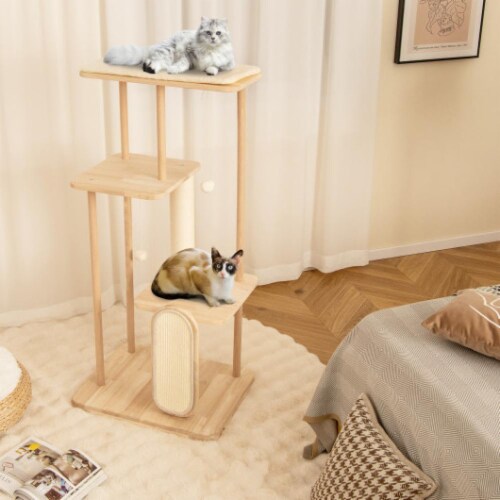 Hivvago Wooden Multi-level Modern Cat Tower with Scratching Board and Post Perspective: back