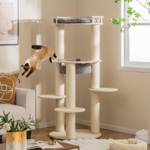 Hivvago 5-level Wooden Cat Tree with Padded Perch Non-woven Hammock-Gray Perspective: back