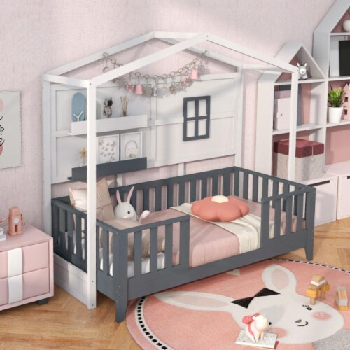 Nicbex Twin Toddler Floor Bed,House-Shaped Headboard Floor Bed With Fences,Sturdy Wood Montessori Floor Bed With Safety Guardrails For Kids