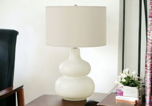 Hivvago 25 inch Cream Ceramic Gourd Table Lamp With Cream Drum Shade 1 King Soopers